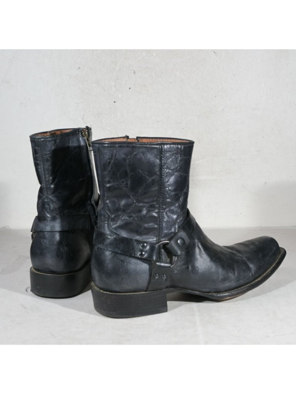 Moonshine Spirit Black Leather Harness Boot Distressed Crinkle Snip Toe Men's Si - Picture 2 of 7